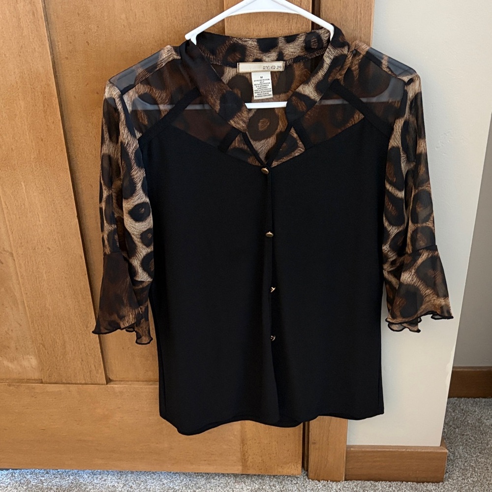 Chic Black Blouse with Animal Print Sheer Sleeves